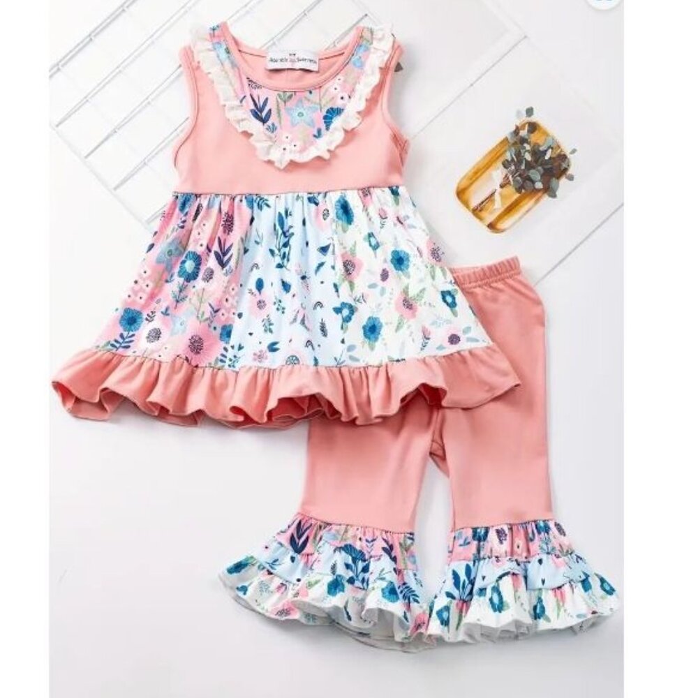 Boutique Floral Tunic Dress & Ruffle Shorts Girls Outfit Set